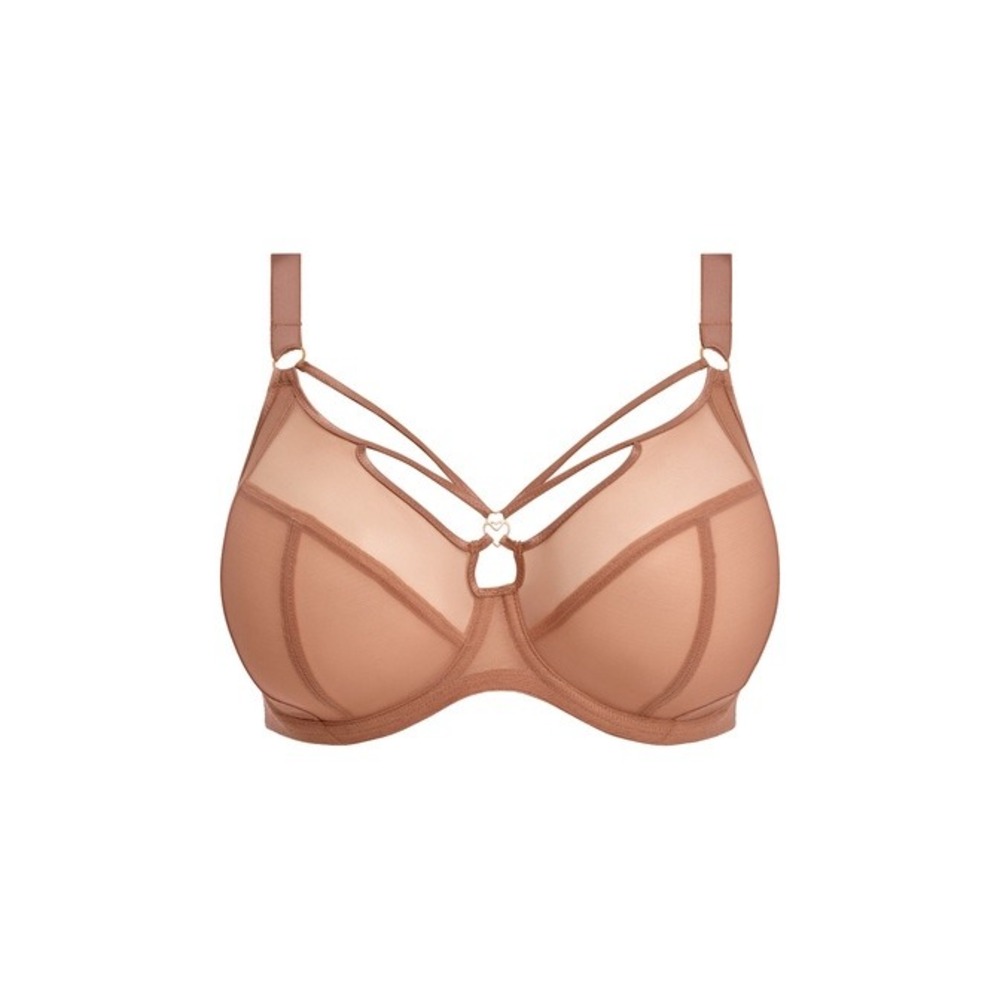 Elomi Sachi Plunge Strappy Bra Women 36L‎ Nude Mesh Underwire Support Minimalist